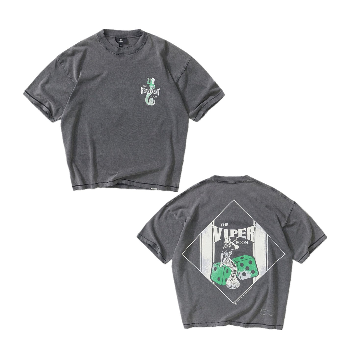 Represent Vintage Washed Charcoal Grey Double Sided Viper Room Snake Dice Graphic T-Shirt Heavyweight Oversized Retro Western Streetwear Tee