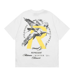 Represent Standing On The Shoulders Giant Yellow R Logo Winged Sculpture Graphic Boxy Fit Crew Neck Short Sleeve Casual Street Top Men Women
