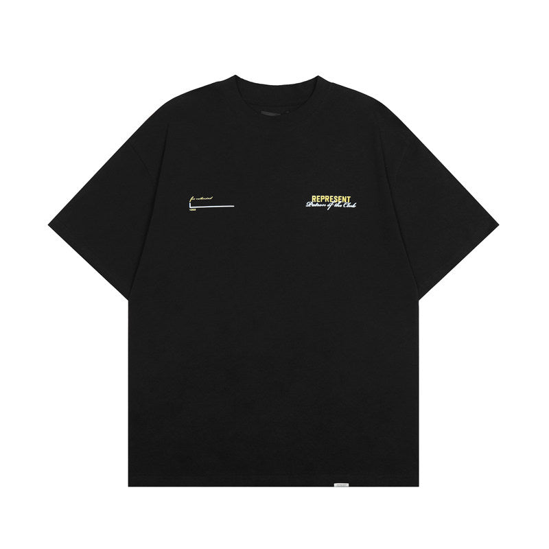 Represent Minimal Chest Script Logo Back Big Text Vintage Washed Crew Neck Boxy Fit Casual Top for Men Women