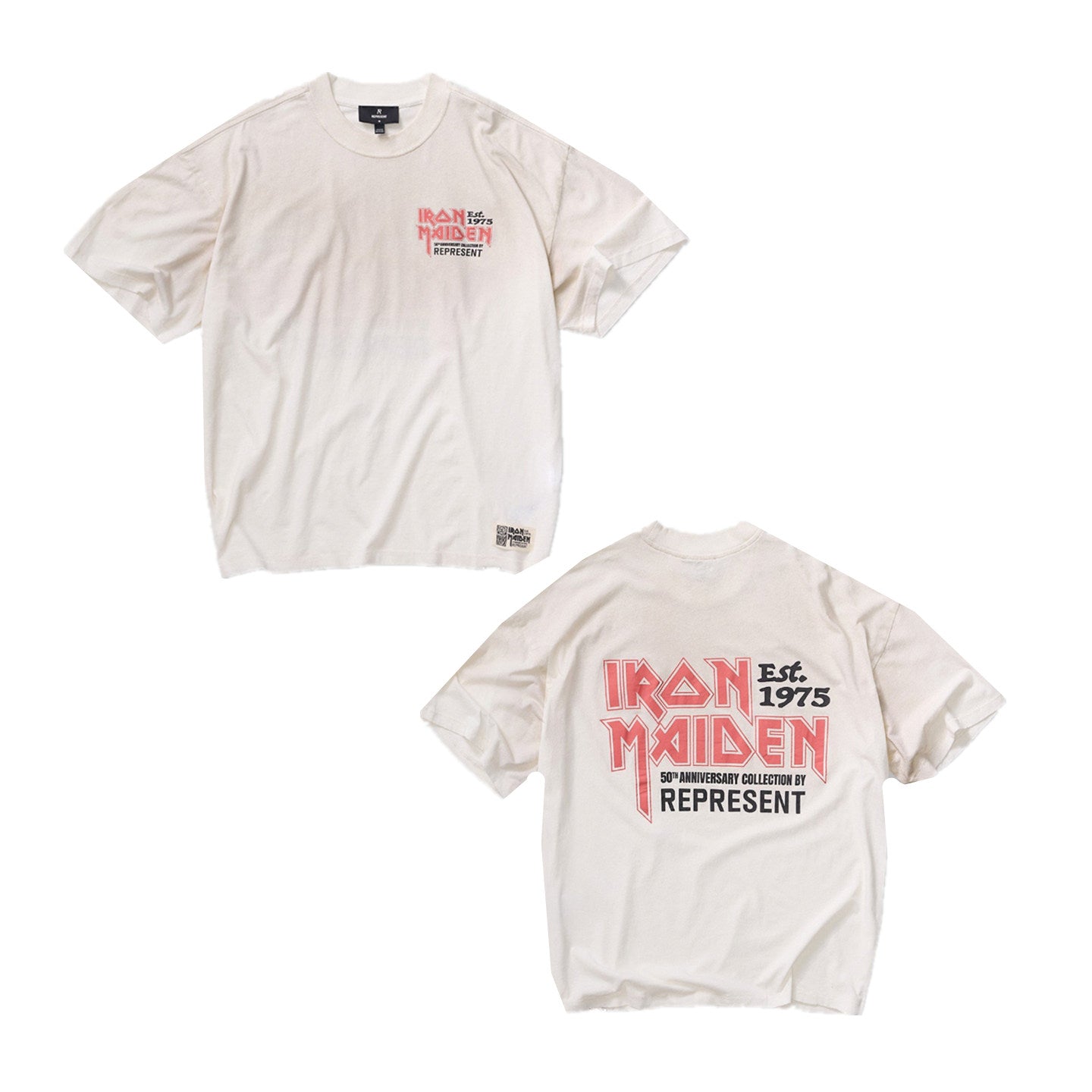 Represent Vintage Washed Cream White Iron Maiden 50th Anniversary Dual Side Print T-Shirt Heavyweight Oversized Rock Band Retro Streetwear Tee