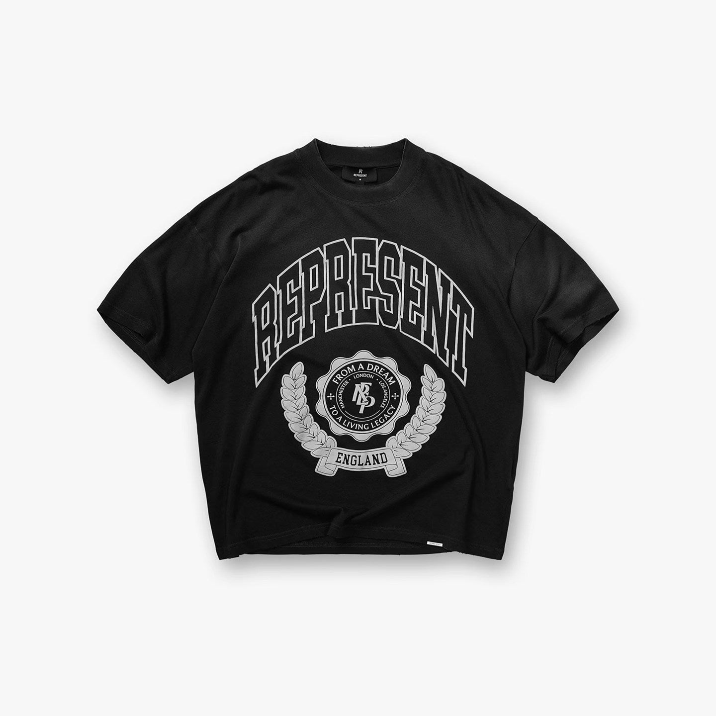 Represent Vintage Washed Black Varsity Arch Letter Laurel Wreath England Crest Graphic T-Shirt Heavyweight Oversized British Retro Streetwear Tee