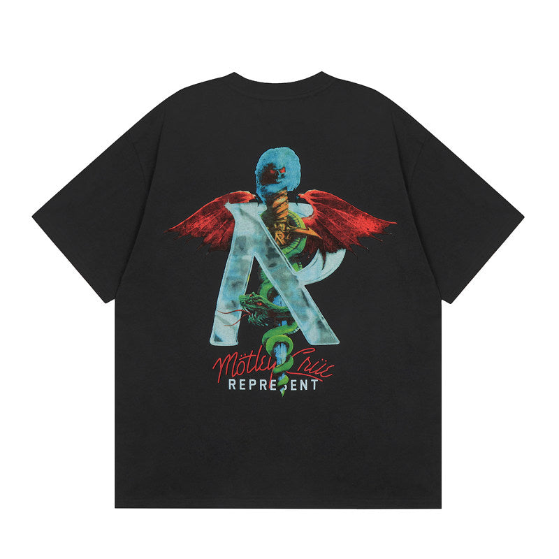Represent Retro Rock Band Co-branded Front Chest Script Logo Back Large Art Print Boxy Fit Crew Neck Short Sleeve Top Men Women
