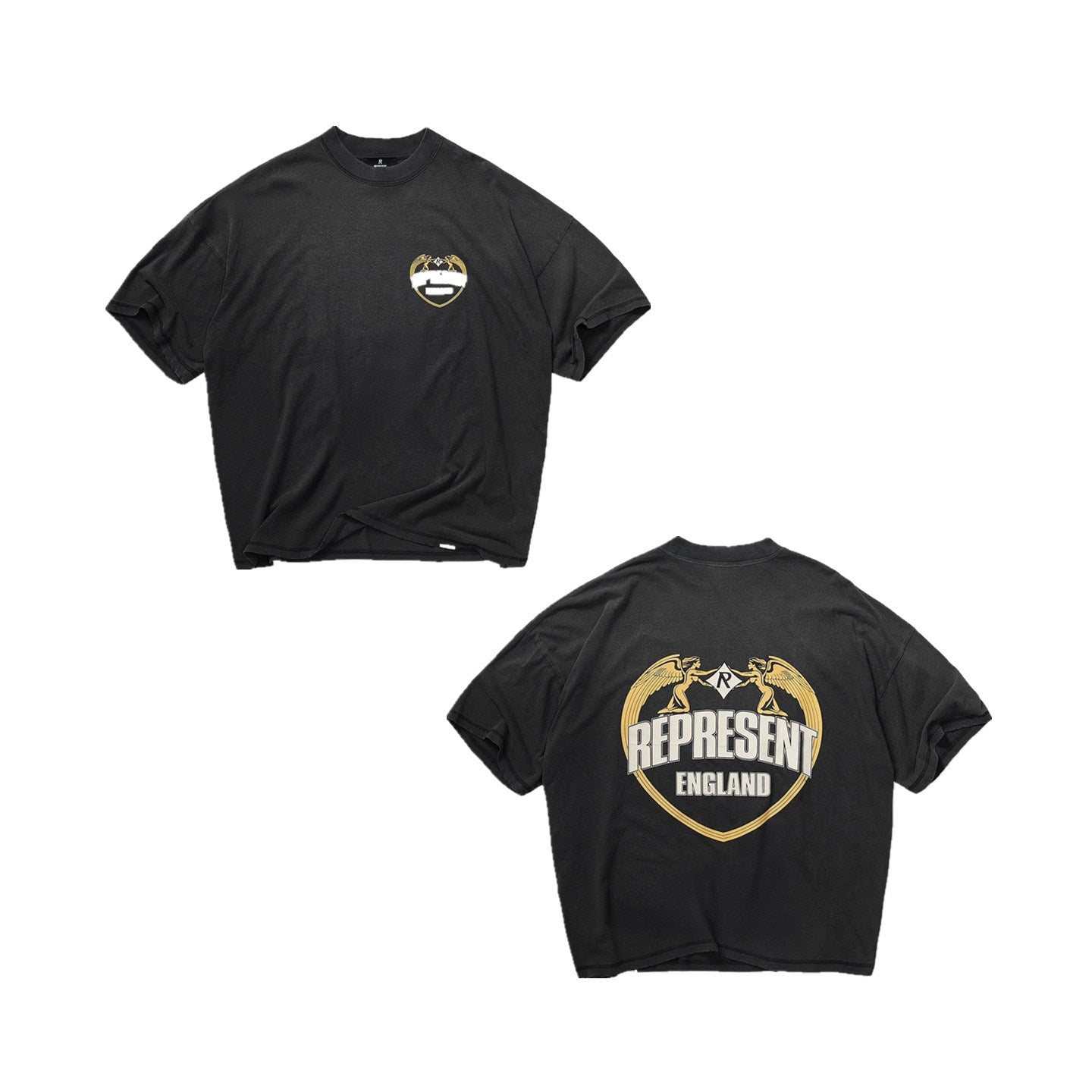Represent Vintage Washed Black Double-Sided Heart Angel England Crest Graphic T-Shirt Heavyweight Oversized British Retro Streetwear Tee