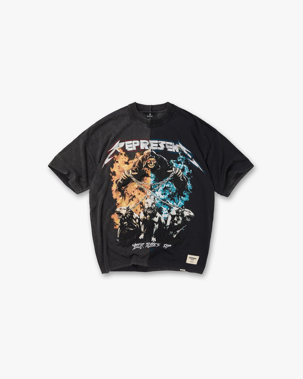Represent Grim Reaper Hell Hounds Fire & Ice Vintage Graphic Oversized T-Shirt Men Washed Black Loose Cotton Retro Streetwear Tee