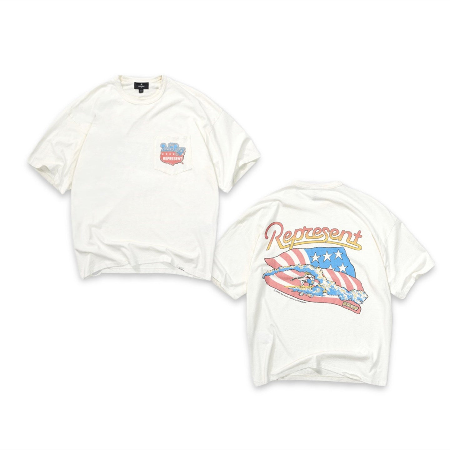Represent Vintage American Flag Surf Graphic Double Sided Print Pocket Tee Stone Washed Off White Heavy Cotton Oversized Summer Streetwear T-Shirt