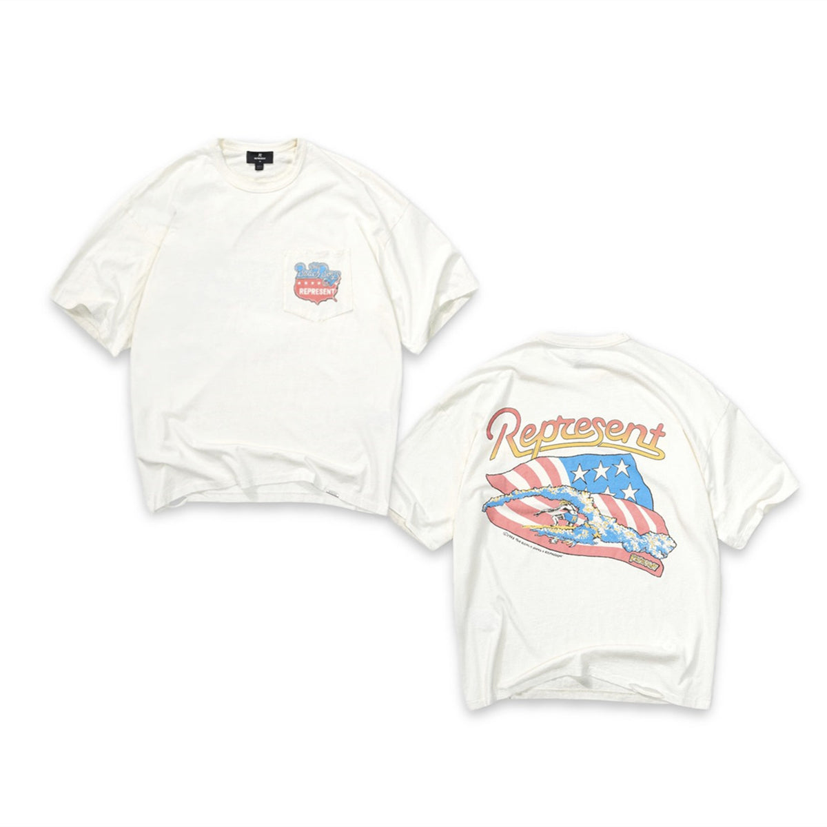 Represent Vintage American Flag Surf Graphic Double Sided Print Pocket Tee Stone Washed Off White Heavy Cotton Oversized Summer Streetwear T-Shirt
