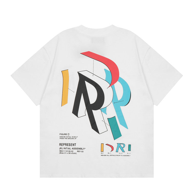 Represent Geometric Stereo Letter Chest Mini Logo & Large Back Print Crew Neck Loose Fit Casual Short Sleeve Top