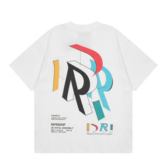 Represent Geometric Stereo Letter Chest Mini Logo & Large Back Print Crew Neck Loose Fit Casual Short Sleeve Top