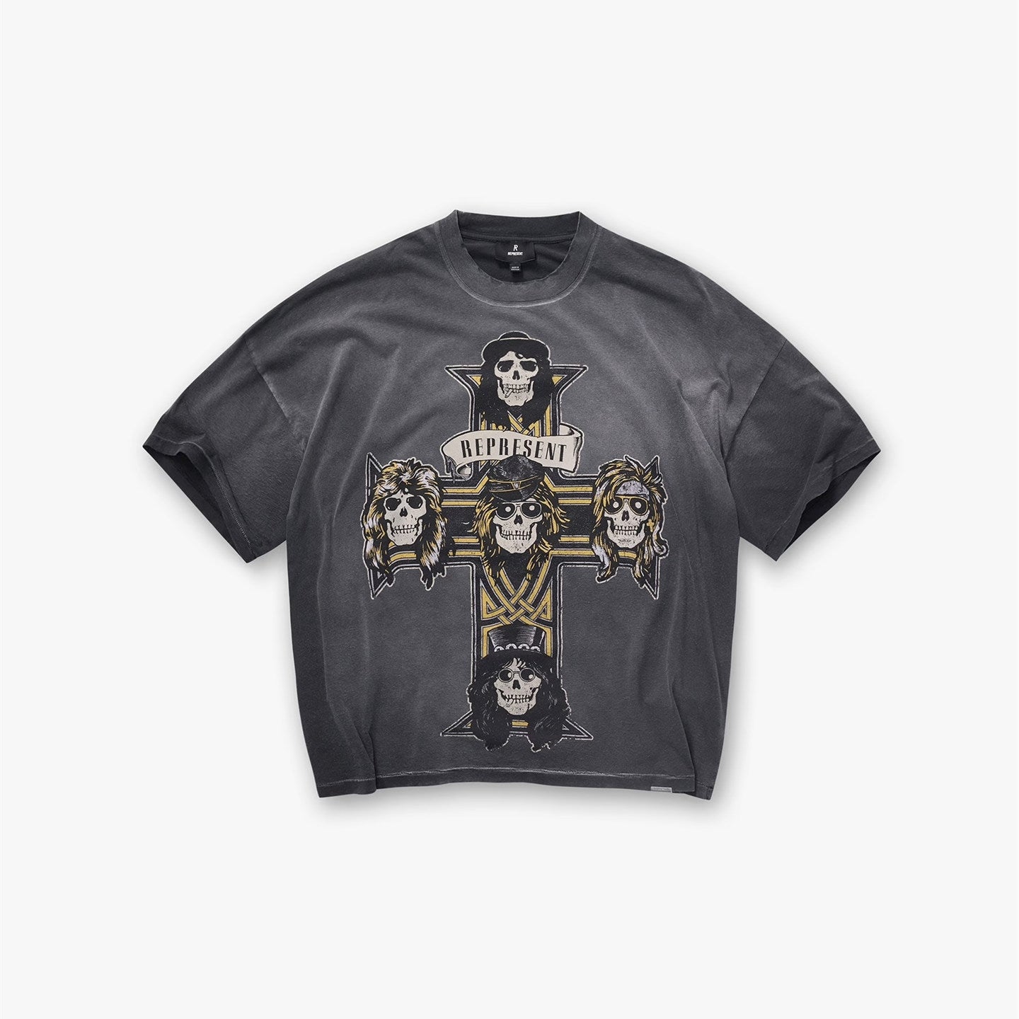 Represent Vintage Rock Band Skull Cross Graphic Oversized T-Shirt Men Washed Grey Black Loose Cotton Hard Rock Streetwear Tee