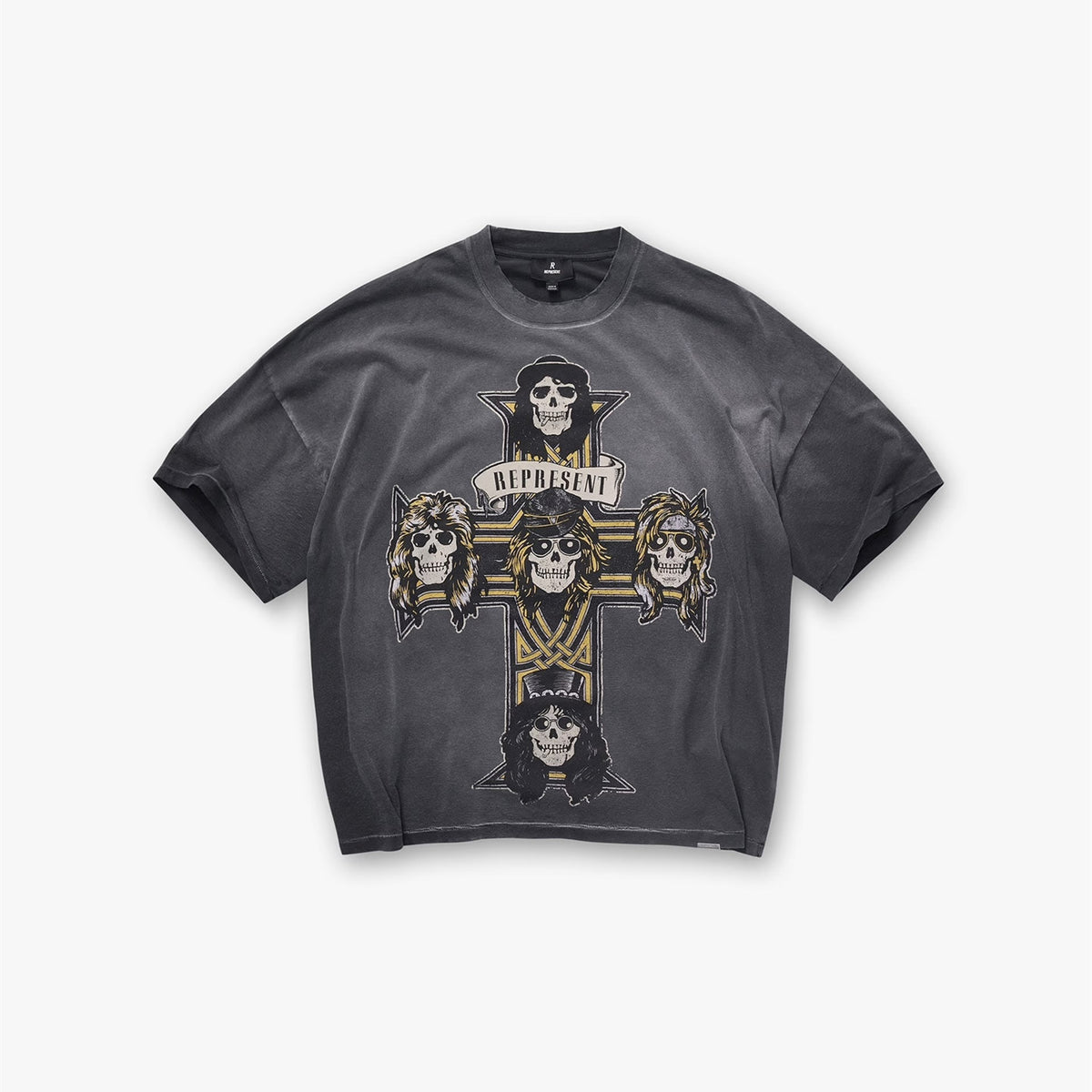 Represent Vintage Rock Band Skull Cross Graphic Oversized T-Shirt Men Washed Grey Black Loose Cotton Hard Rock Streetwear Tee