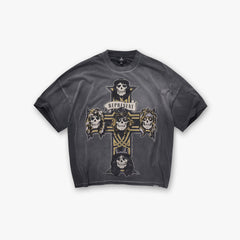 Represent Vintage Rock Band Skull Cross Graphic Oversized T-Shirt Men Washed Grey Black Loose Cotton Hard Rock Streetwear Tee