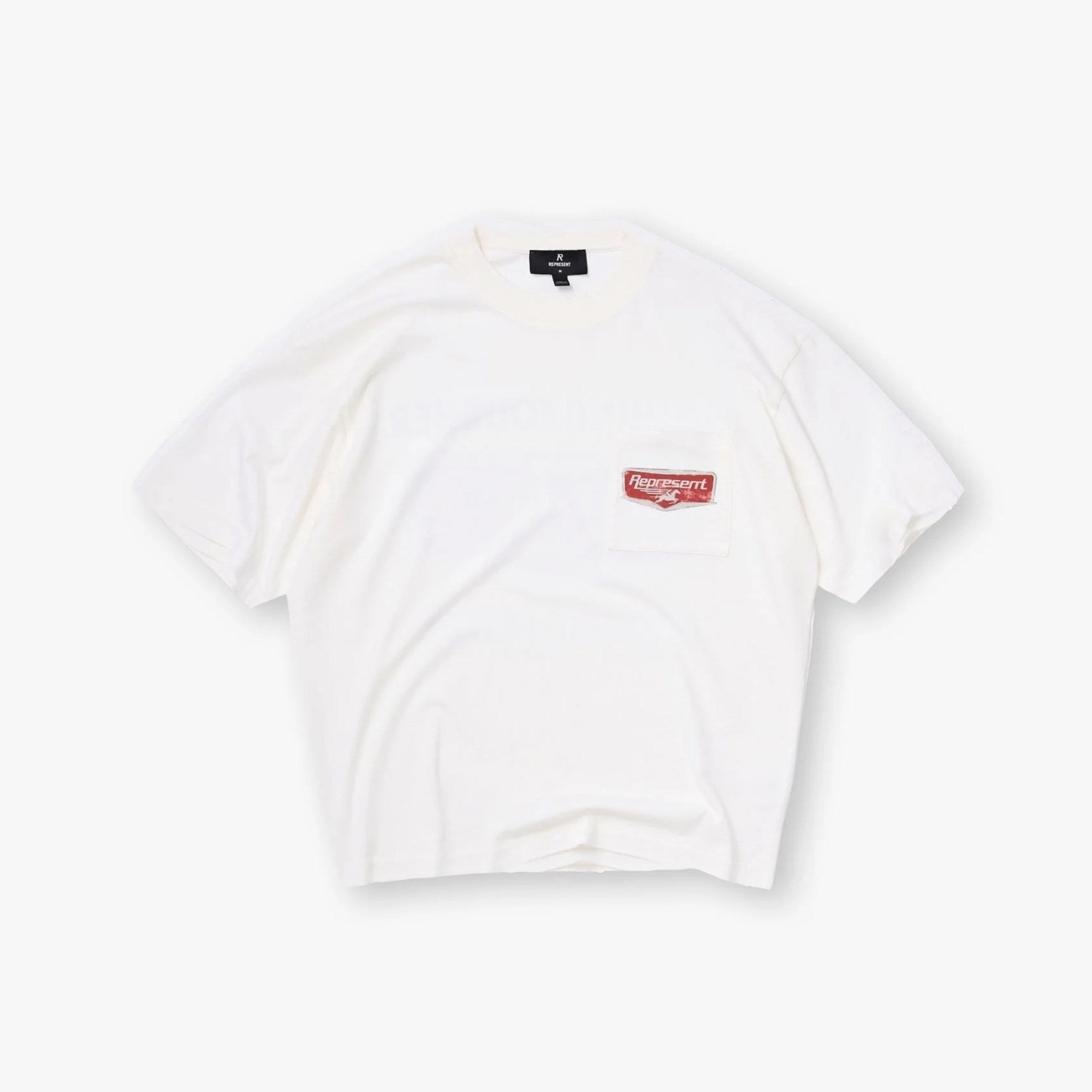 Represent Vintage Washed Off White Pocket Red Patch Logo T-Shirt Heavyweight Oversized Minimal Retro Casual Streetwear Tee