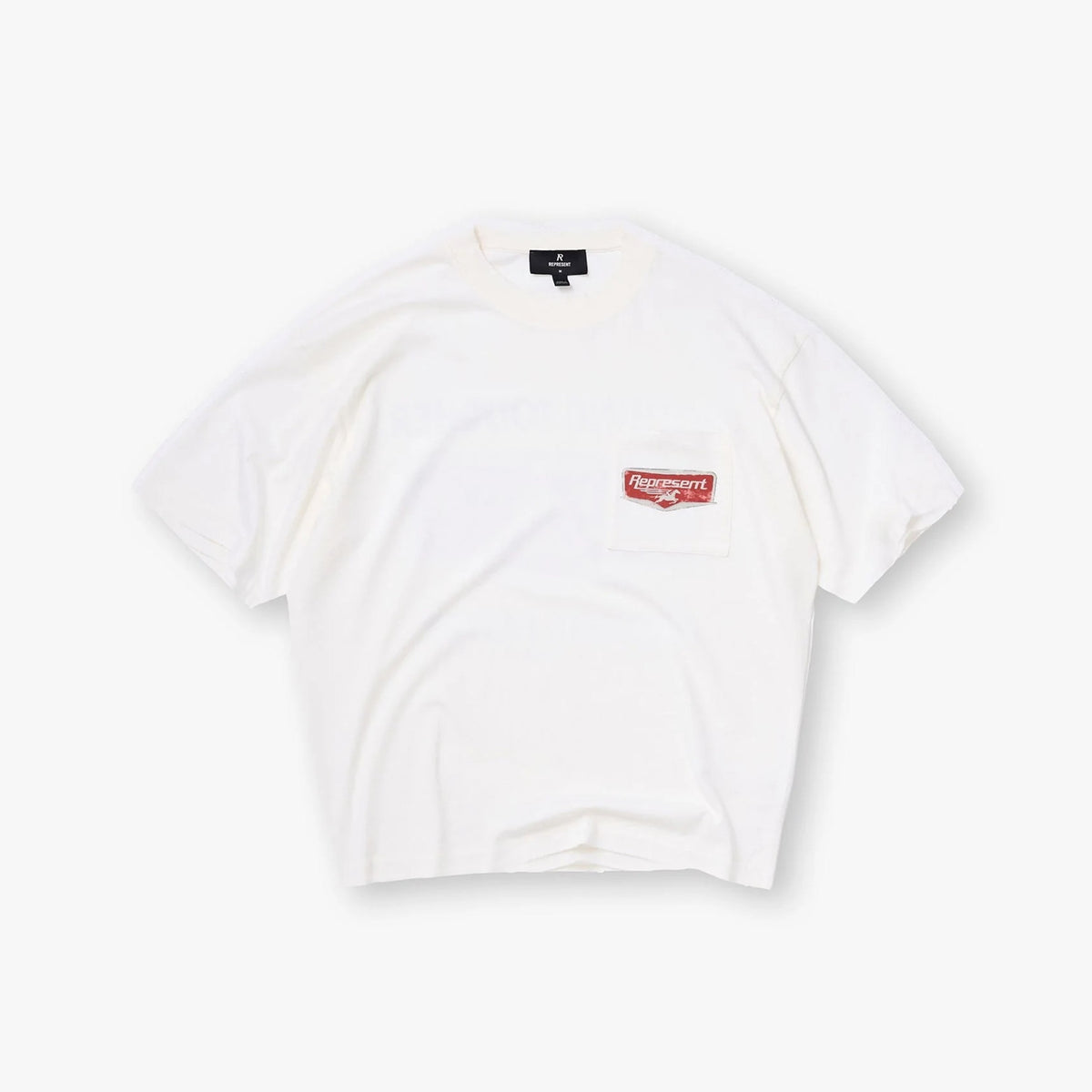 Represent Vintage Washed Off White Pocket Red Patch Logo T-Shirt Heavyweight Oversized Minimal Retro Casual Streetwear Tee
