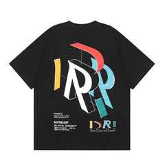 Represent Geometric Stereo Letter Chest Mini Logo & Large Back Print Crew Neck Loose Fit Casual Short Sleeve Top