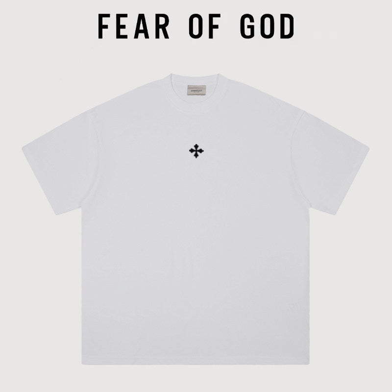 Essentials Small Chest Cross Embroidery Heavy‑Weight Cotton Crew Neck Tee 4 Colors
