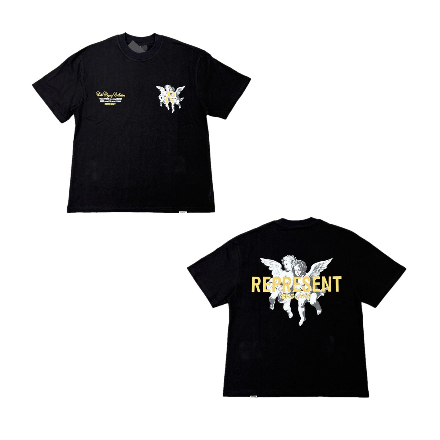 Represent Vintage Washed Black Twin Cherub Angel Graphic T-Shirt Double Sided Print Gold Letter Heavyweight Oversized British Streetwear Tee