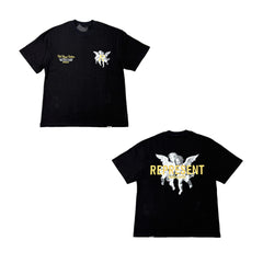 Represent Vintage Washed Black Twin Cherub Angel Graphic T-Shirt Double Sided Print Gold Letter Heavyweight Oversized British Streetwear Tee