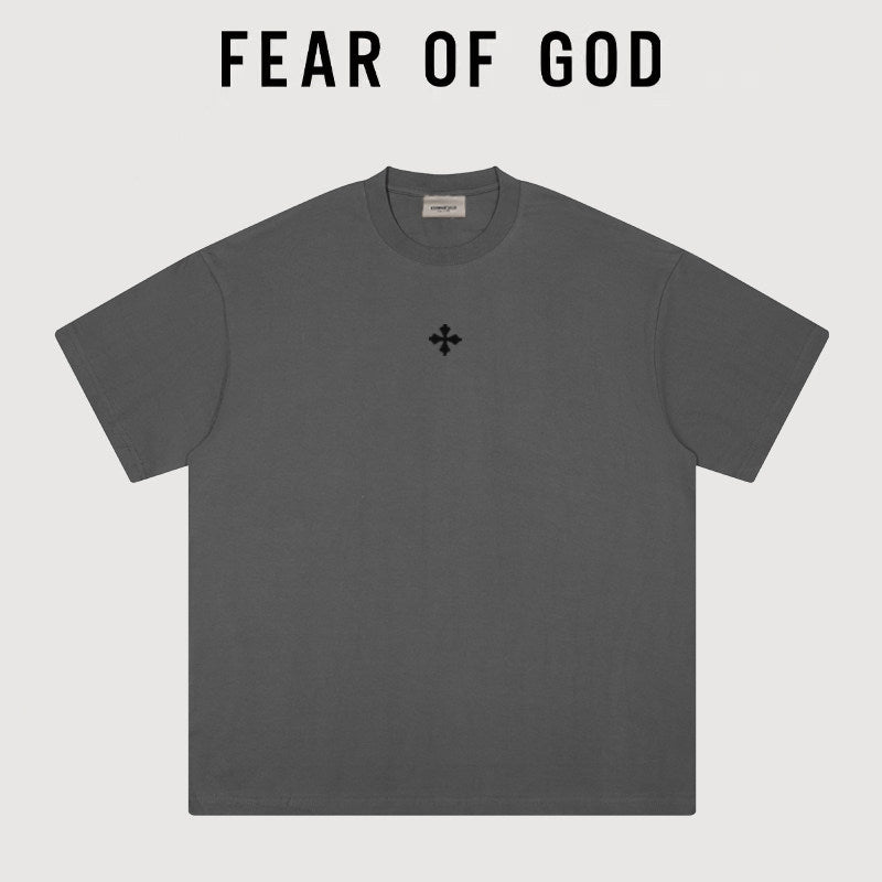 Essentials Small Chest Cross Embroidery Heavy‑Weight Cotton Crew Neck Tee 4 Colors