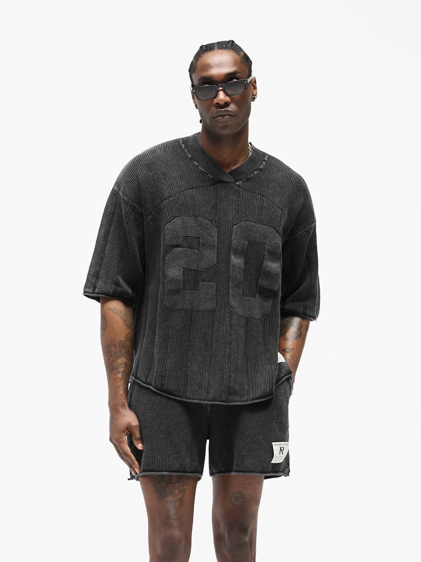 Represent Mesh Knit Number 20 V-Neck Short Sleeve Jersey Black