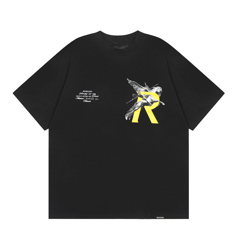Represent Standing On The Shoulders Giant Yellow R Logo Winged Sculpture Graphic Boxy Fit Crew Neck Short Sleeve Casual Street Top Men Women