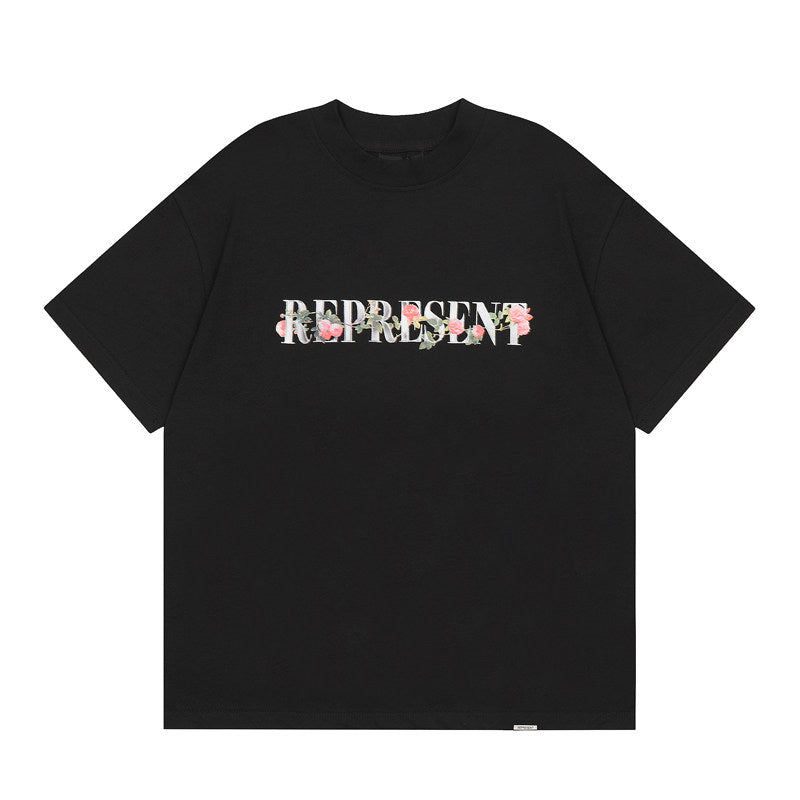 Represent Rose Flower Letter Front Back Graphic Heavy Cotton Crew Neck Short Sleeve Casual Street Top
