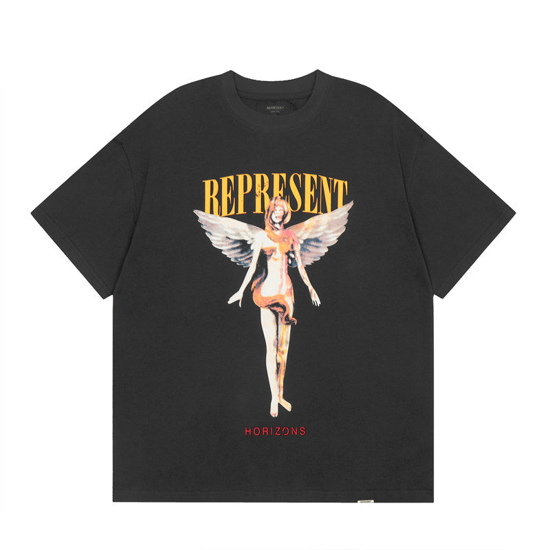 Represent Retro Watercolor Angel Front Print Vertical Gold Letter Back Logo Boxy Fit Loose Short Sleeve Top Men Women Street Fashion
