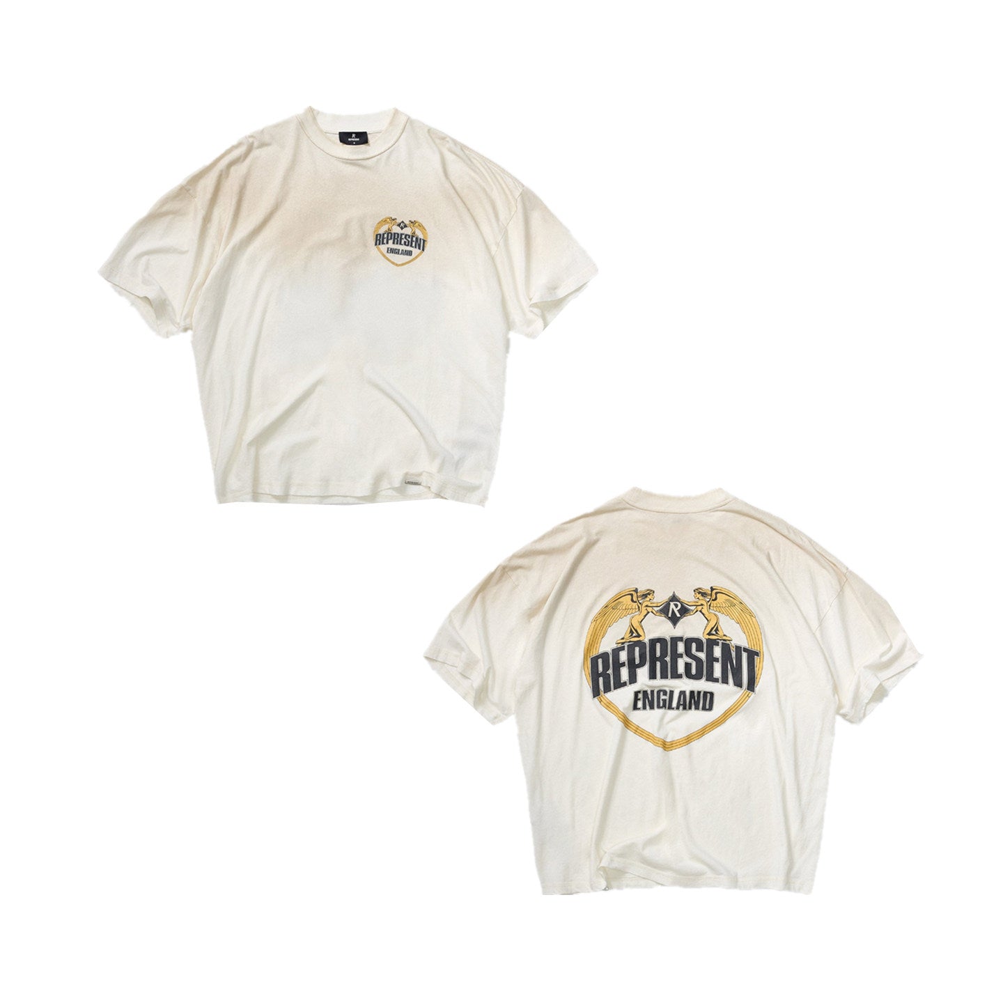 Represent Vintage Washed Off White Heart Angel Wings England Dual Side Print T-Shirt Heavyweight Oversized British Retro Streetwear Tee