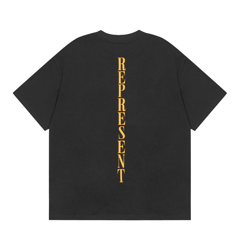 Represent Retro Watercolor Angel Front Print Vertical Gold Letter Back Logo Boxy Fit Loose Short Sleeve Top Men Women Street Fashion