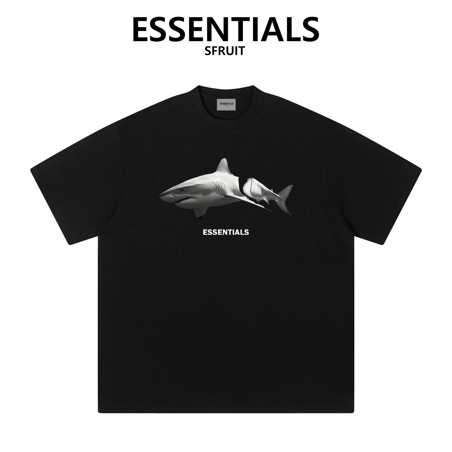 Essentials Broken Shark Print Heavyweight Cotton T‑Shirt Boxy Loose Fit Casual Tee
