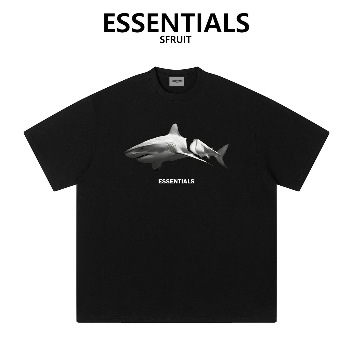 Essentials Broken Shark Print Heavyweight Cotton T‑Shirt Boxy Loose Fit Casual Tee