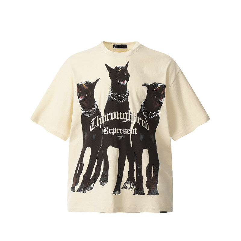 Represent Gothic Font Doberman Print Heavy Cotton Loose Fit Short Sleeve T-Shirt Black & Cream White
