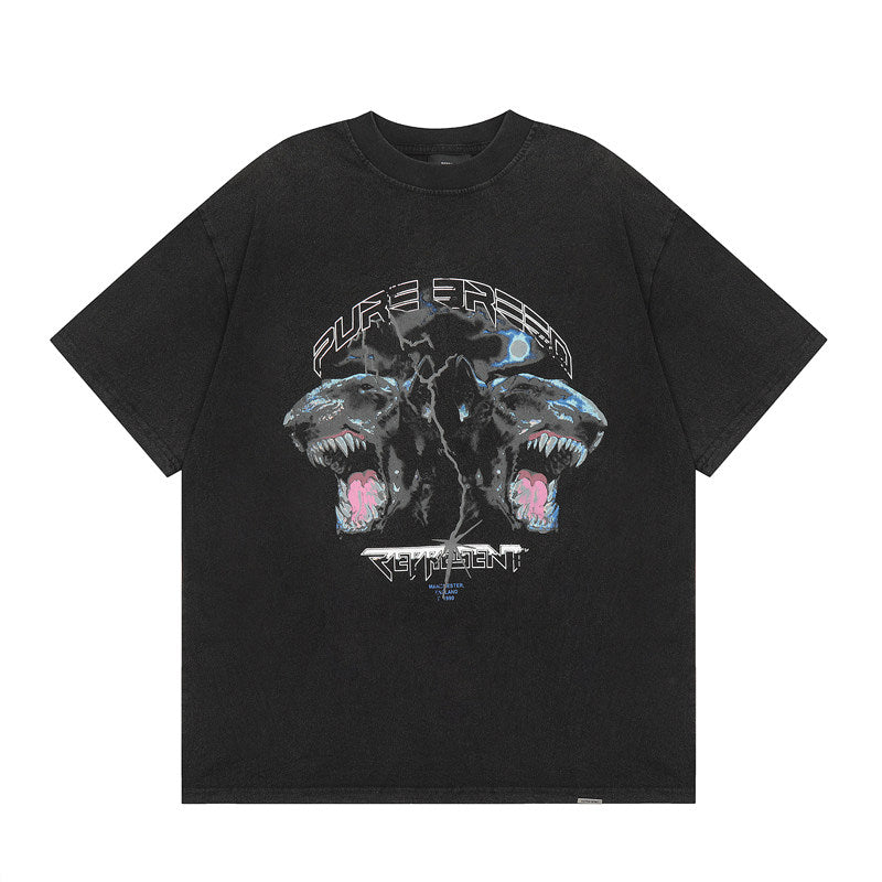 Represent Pure Breed Dual Roaring Wolf Head Graphic Vintage Washed Black Oversized Heavy Cotton Crew Neck T-Shirt Unisex Streetwear Tee