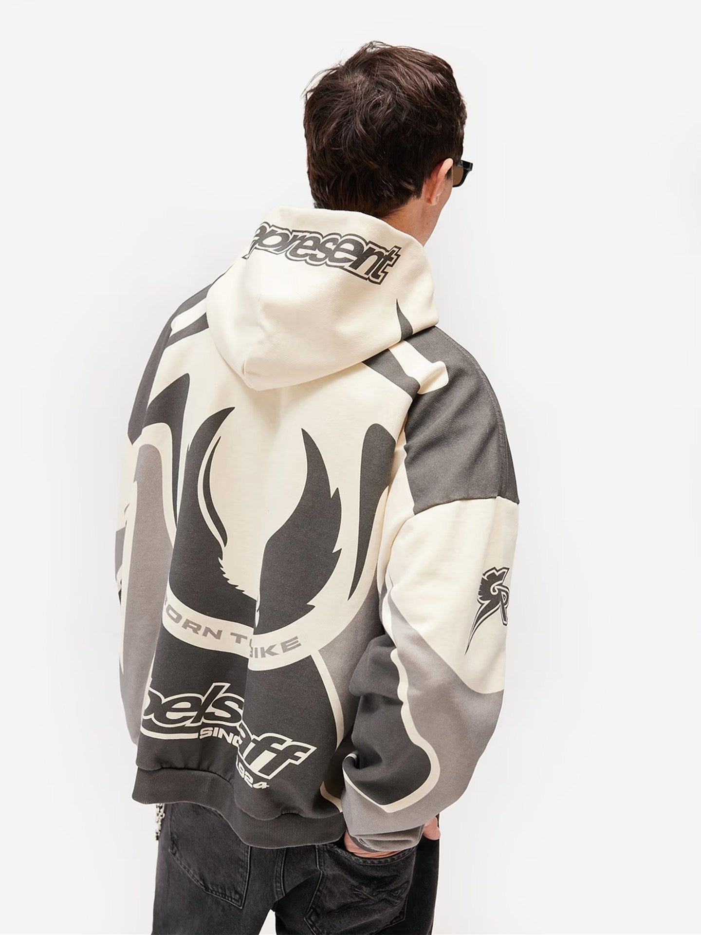 Represent Buster x Belstaff Collaboration Motorcycle Color Block Racing Hoodie, Vintage Oversized Loose Streetwear Pullover Hoodie for Men