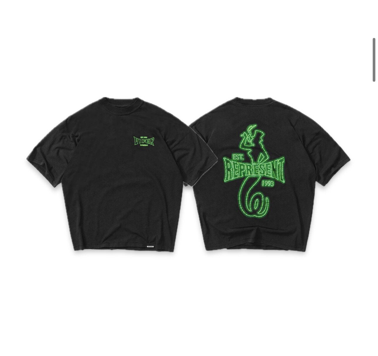 Represent Vintage Washed Black Viper Snake Neon Green Graphic T-Shirt Double Sided Print EST 1993 Heavyweight Oversized Grunge Streetwear Tee