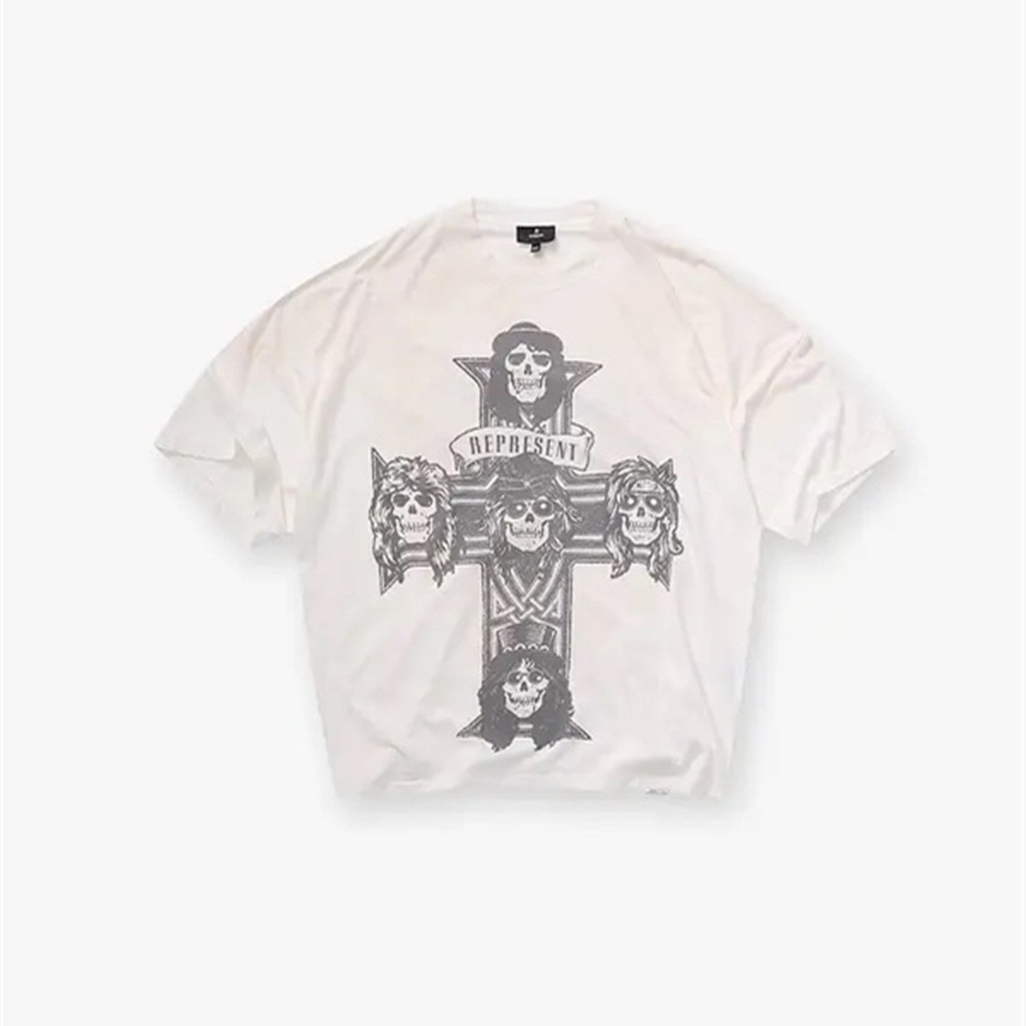 Represent Vintage Washed Off White Cross Skull Rock Band Graphic T-Shirt Heavyweight Oversized Grunge Retro Streetwear Tee