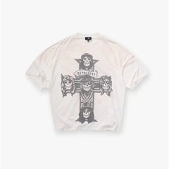 Represent Vintage Washed Off White Cross Skull Rock Band Graphic T-Shirt Heavyweight Oversized Grunge Retro Streetwear Tee