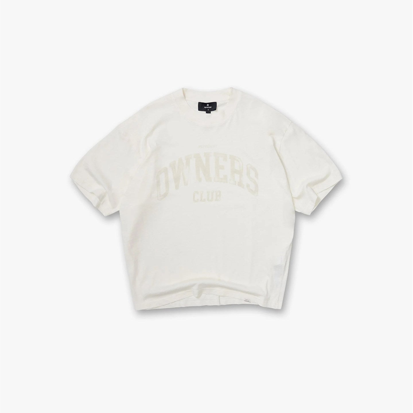 Represent Vintage Washed Cream White Owners Club Faded Arch Varsity Letter T-Shirt Heavyweight Oversized Retro College Streetwear Tee