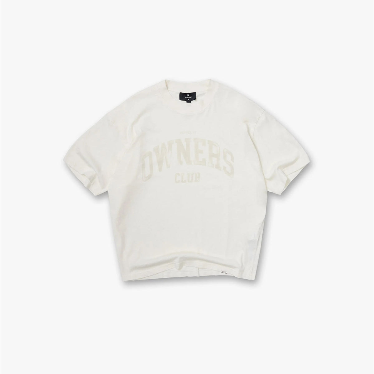 Represent Vintage Washed Cream White Owners Club Faded Arch Varsity Letter T-Shirt Heavyweight Oversized Retro College Streetwear Tee