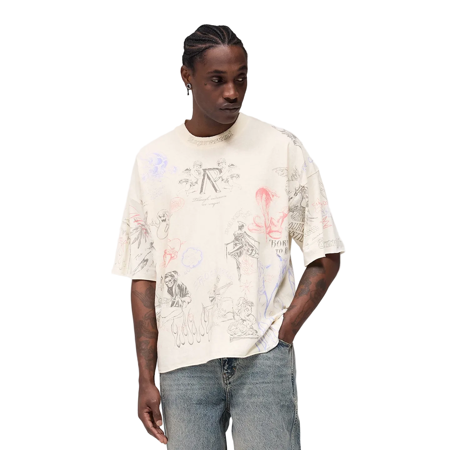Represent Buster Vintage Tattoo Full Print Distressed Washed T-Shirt Angel Skull Car Sketch All Over Print Oversized High Street Short Sleeve Tee Men