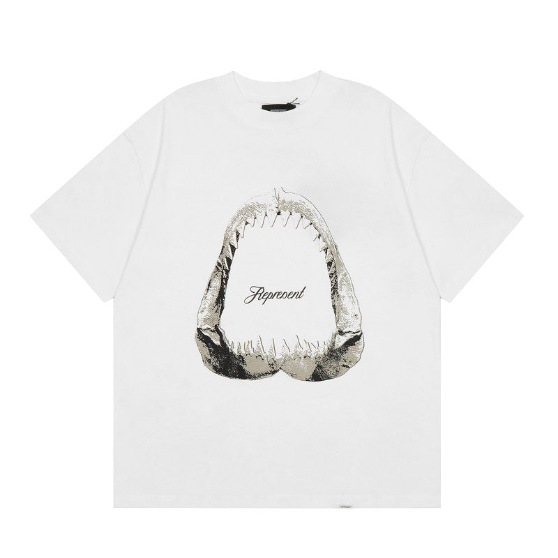 Represent Retro Distressed Shark Mouth Fossil Print Crew Neck Boxy Fit Casual Short Sleeve Top for Men & Women