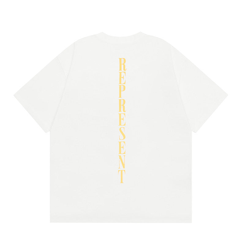 Represent Retro Watercolor Angel Front Print Vertical Gold Letter Back Logo Boxy Fit Loose Short Sleeve Top Men Women Street Fashion