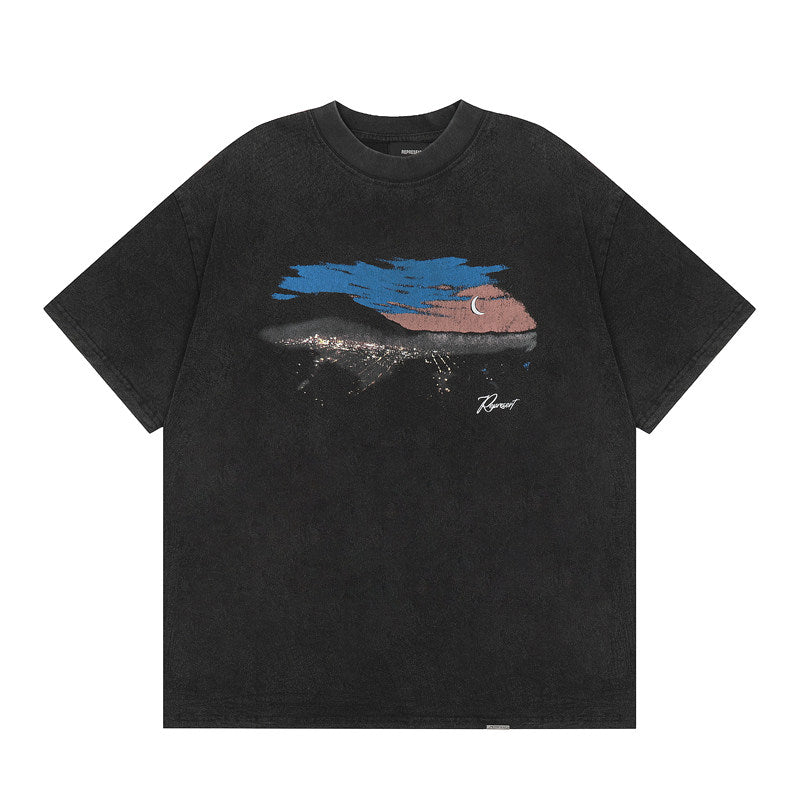 Represent Retro Pigment Washed Crescent Night Scene Graphic Double Sided Streetwear T-Shirt