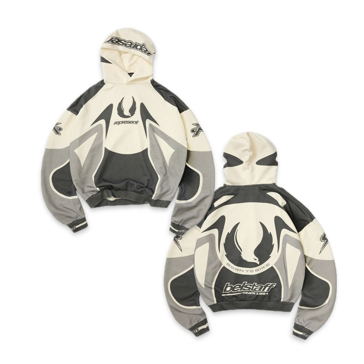 Represent Buster x Belstaff Collaboration Motorcycle Color Block Racing Hoodie, Vintage Oversized Loose Streetwear Pullover Hoodie for Men