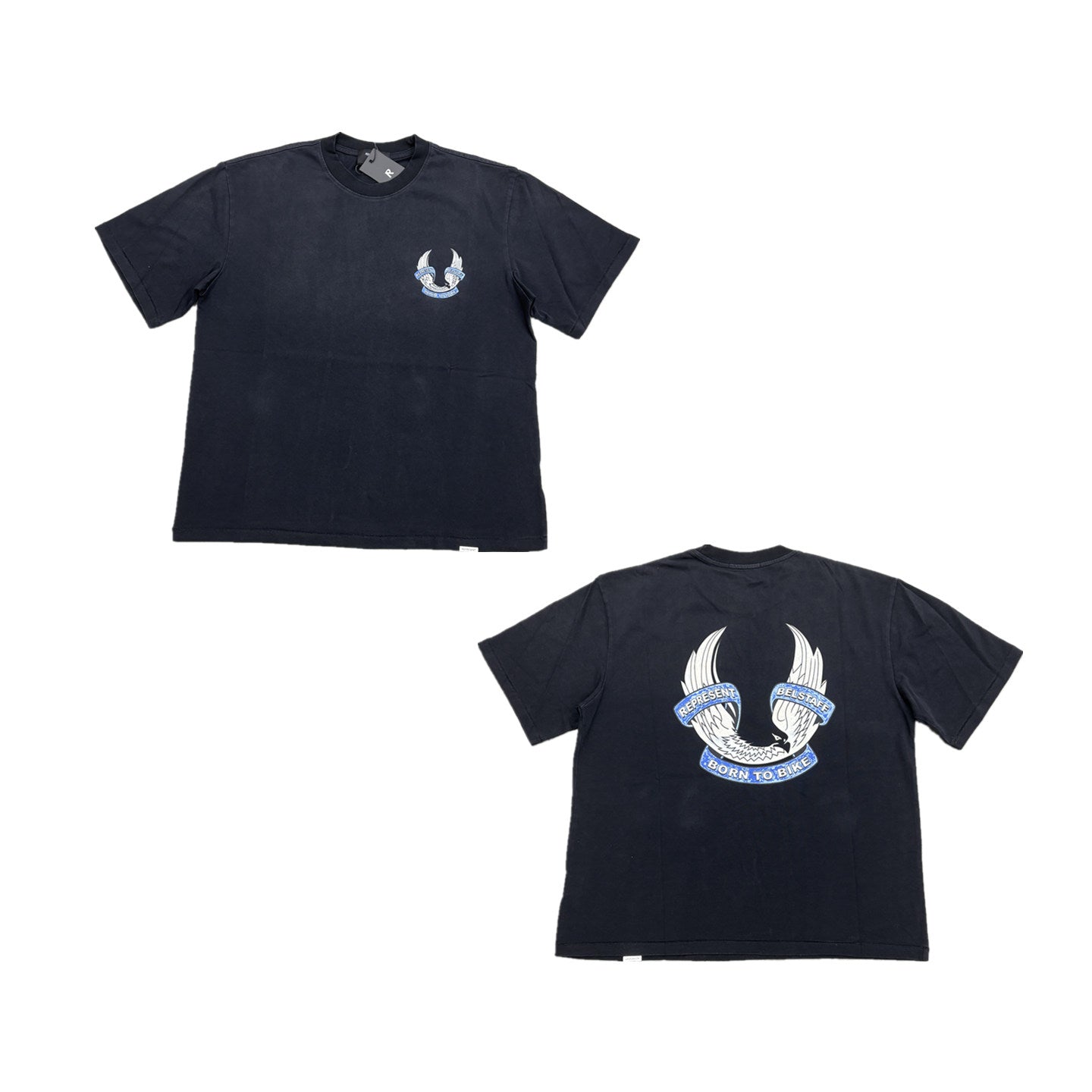 Represent Vintage Washed Black BELSTAFF Eagle Wing Biker Graphic T-Shirt Born To Bike Double Sided Print Heavyweight Oversized British Motorcycle Streetwear Tee