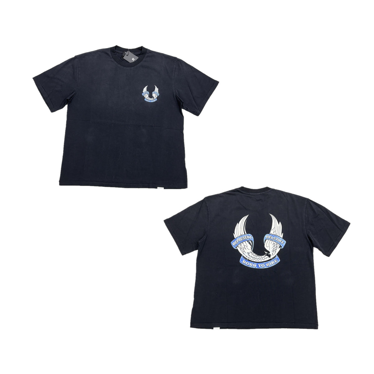 Represent Vintage Washed Black BELSTAFF Eagle Wing Biker Graphic T-Shirt Born To Bike Double Sided Print Heavyweight Oversized British Motorcycle Streetwear Tee