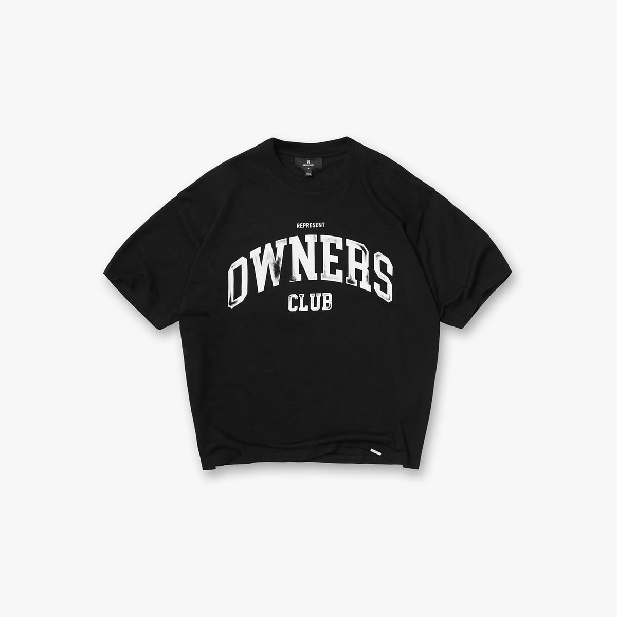 Represent Vintage Washed Black Owners Club Distressed Arch Varsity Letter T-Shirt Heavyweight Oversized Retro American College Streetwear Tee