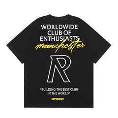 Represent Manchester Worldwide Club Outline R Logo Double Sided Print Oversized T-Shirt Unisex Heavy Cotton Black Streetwear Tee