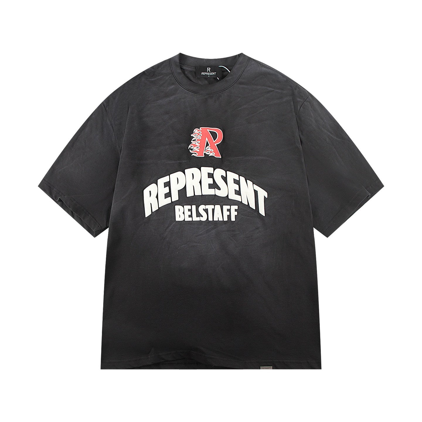REPRESENT Vintage Washed Black Phoenix Graphic T-Shirt BELSTAFF  ENGLAND Letter Print Heavyweight Oversized Retro Streetwear Tee